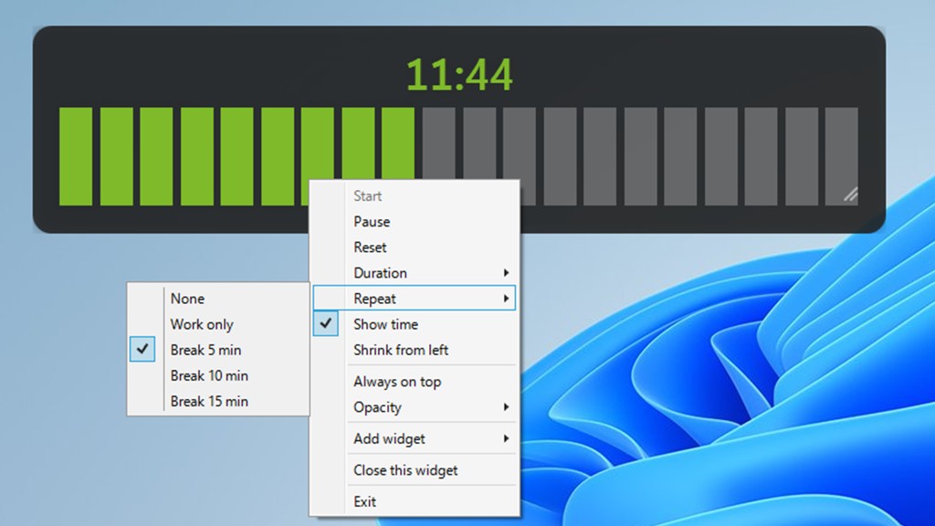 Bar timer widget with a right-click menu showing duration, repeat, and opacity options.