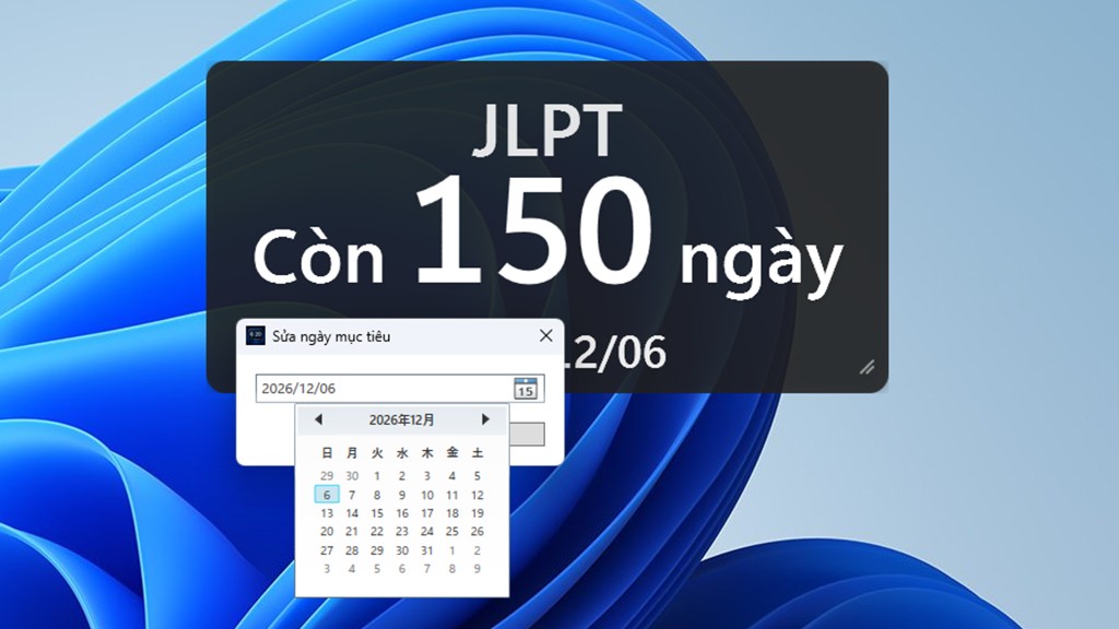 Countdown widget showing days left until a target date, with a date picker open.