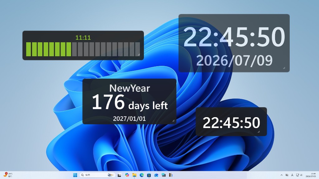 TokiMado desktop widgets on Windows: bar timer, date and time clocks, and a countdown on the desktop.