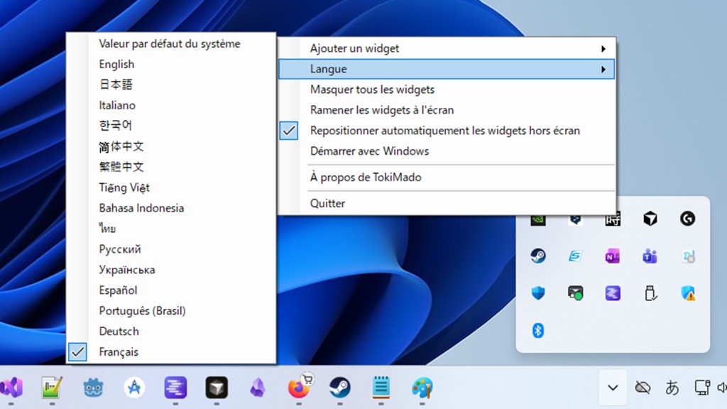 TokiMado tray menu in French with the language submenu showing 15 supported locales.